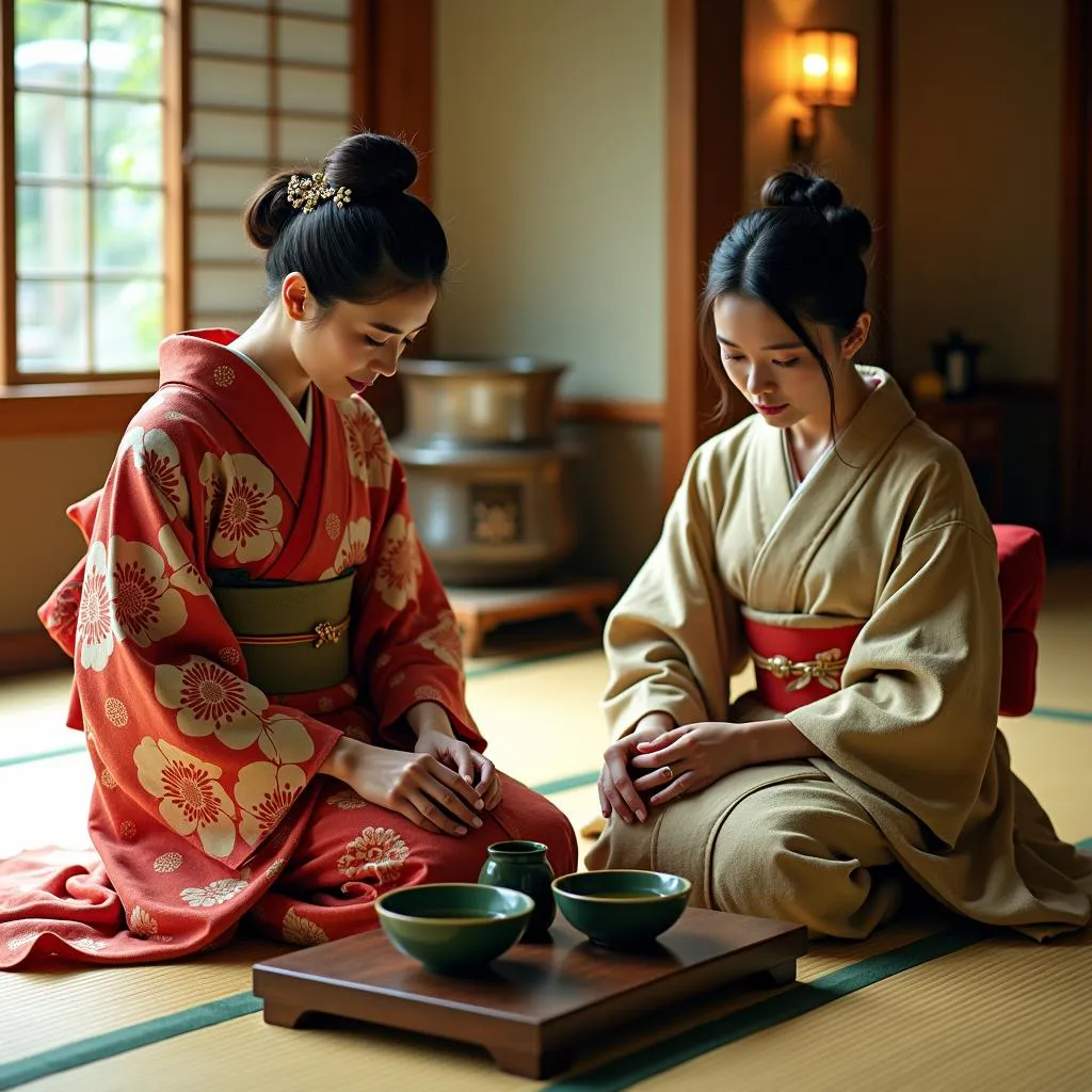 Traditional Japanese tea ceremony with participants wearing vibrant kimonos.