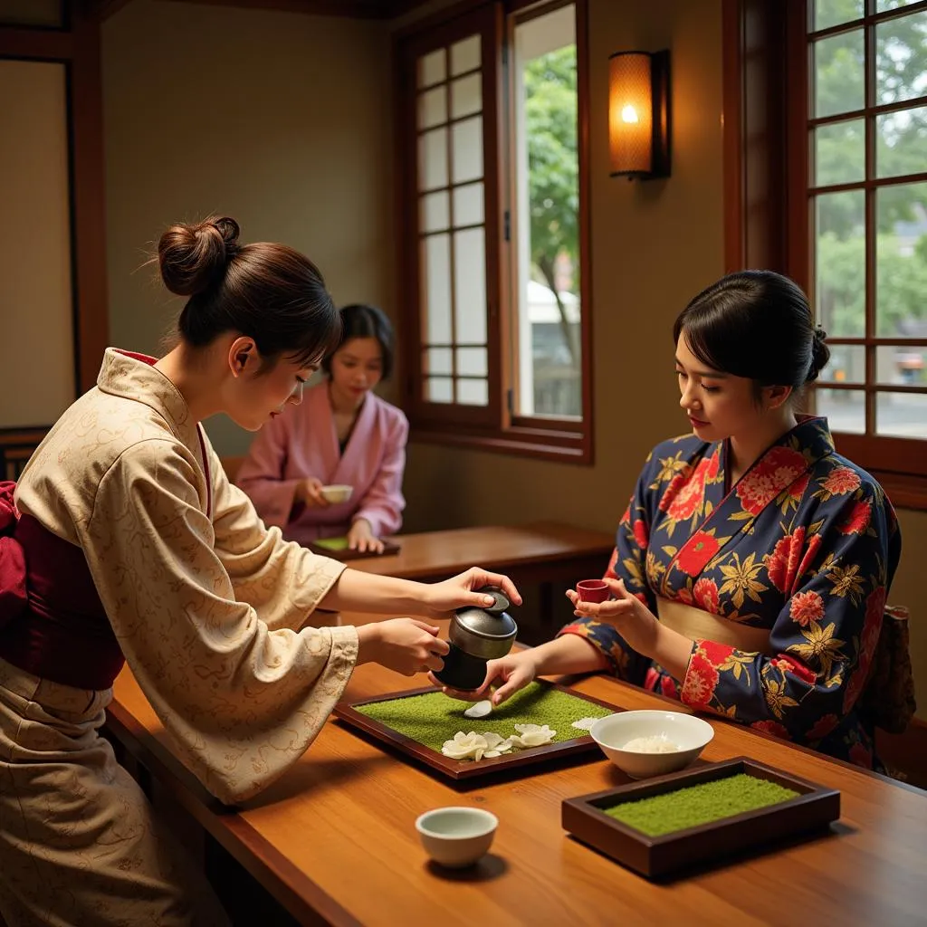 Traditional Japanese Tea Ceremony with Participants Wearing Kimonos