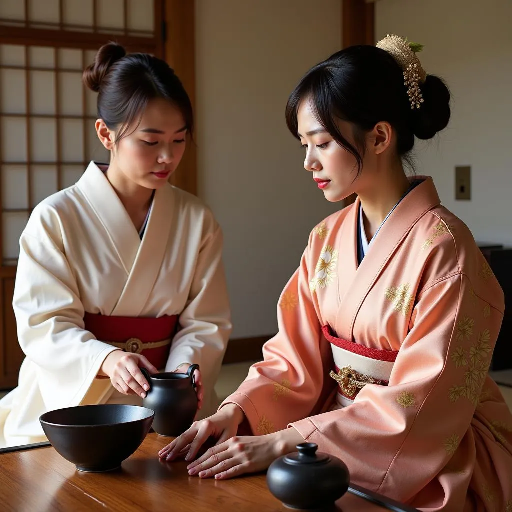 Women in traditional kimono performing a Japanese tea ceremony