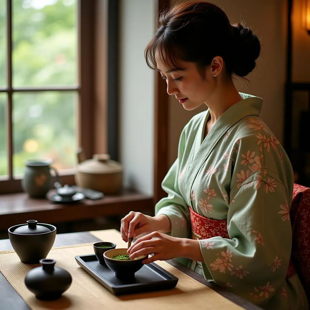 A woman in an elegant kimono performing a traditional Japanese tea ceremony in a serene tea room.