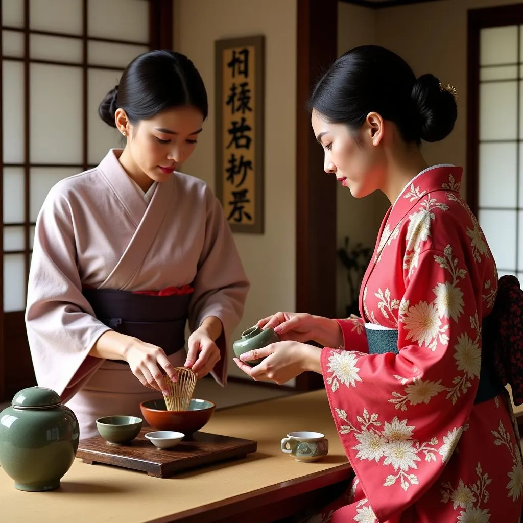 Two women in traditional kimono performing a Japanese tea ceremony