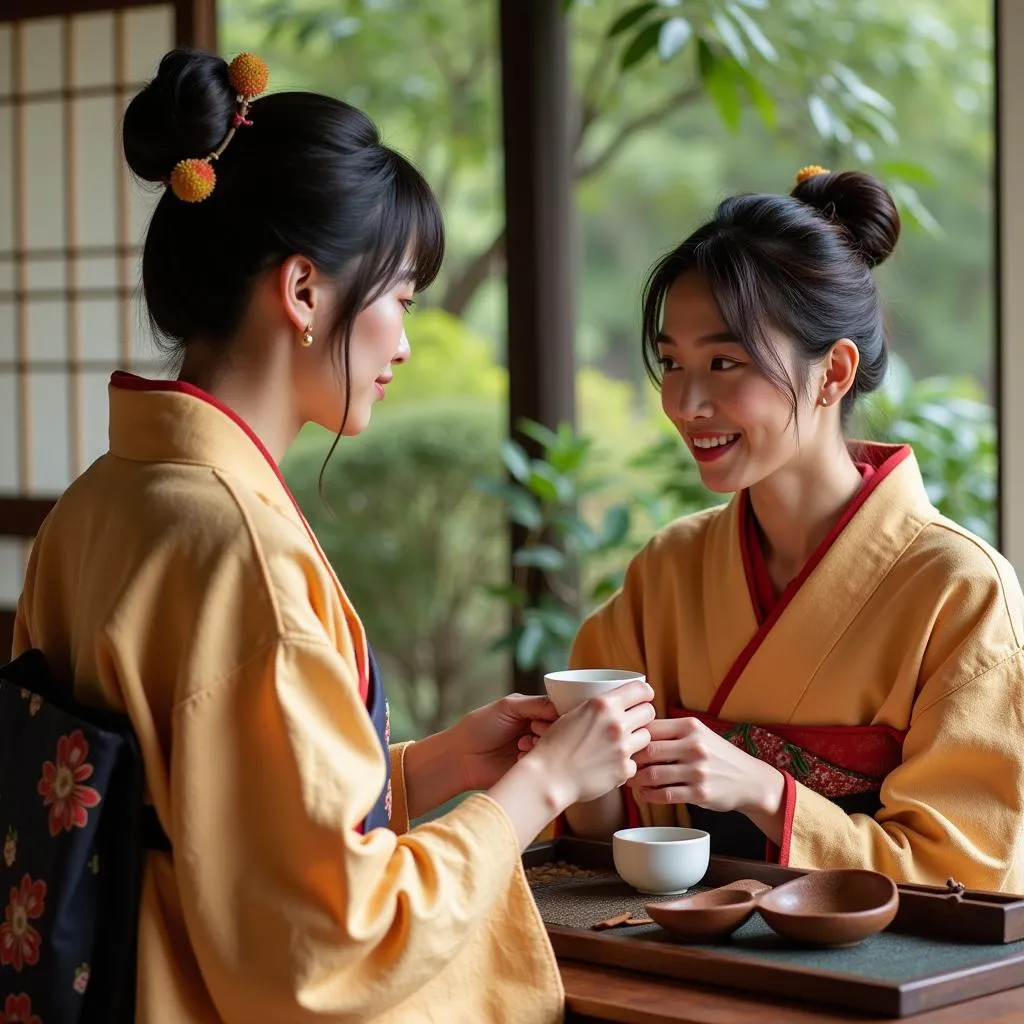 Two individuals experiencing a traditional Japanese tea ceremony