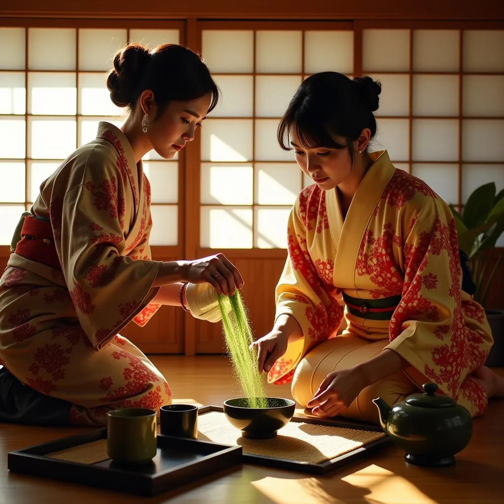 Traditional Japanese tea ceremony with women in colorful kimonos