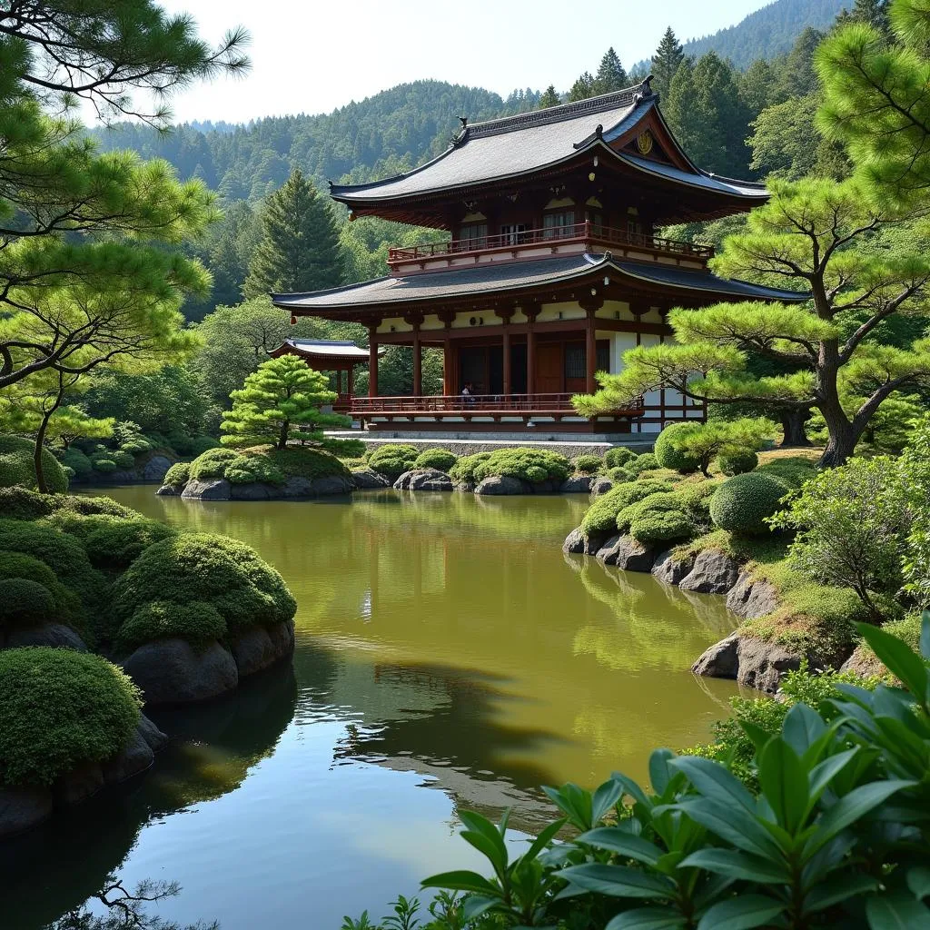 Peaceful Japanese Garden with Traditional Temple