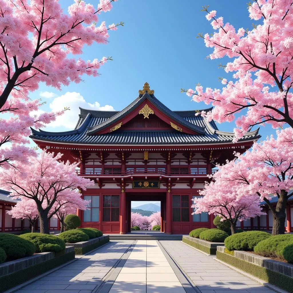 Japanese Temple Surrounded by Cherry Blossoms