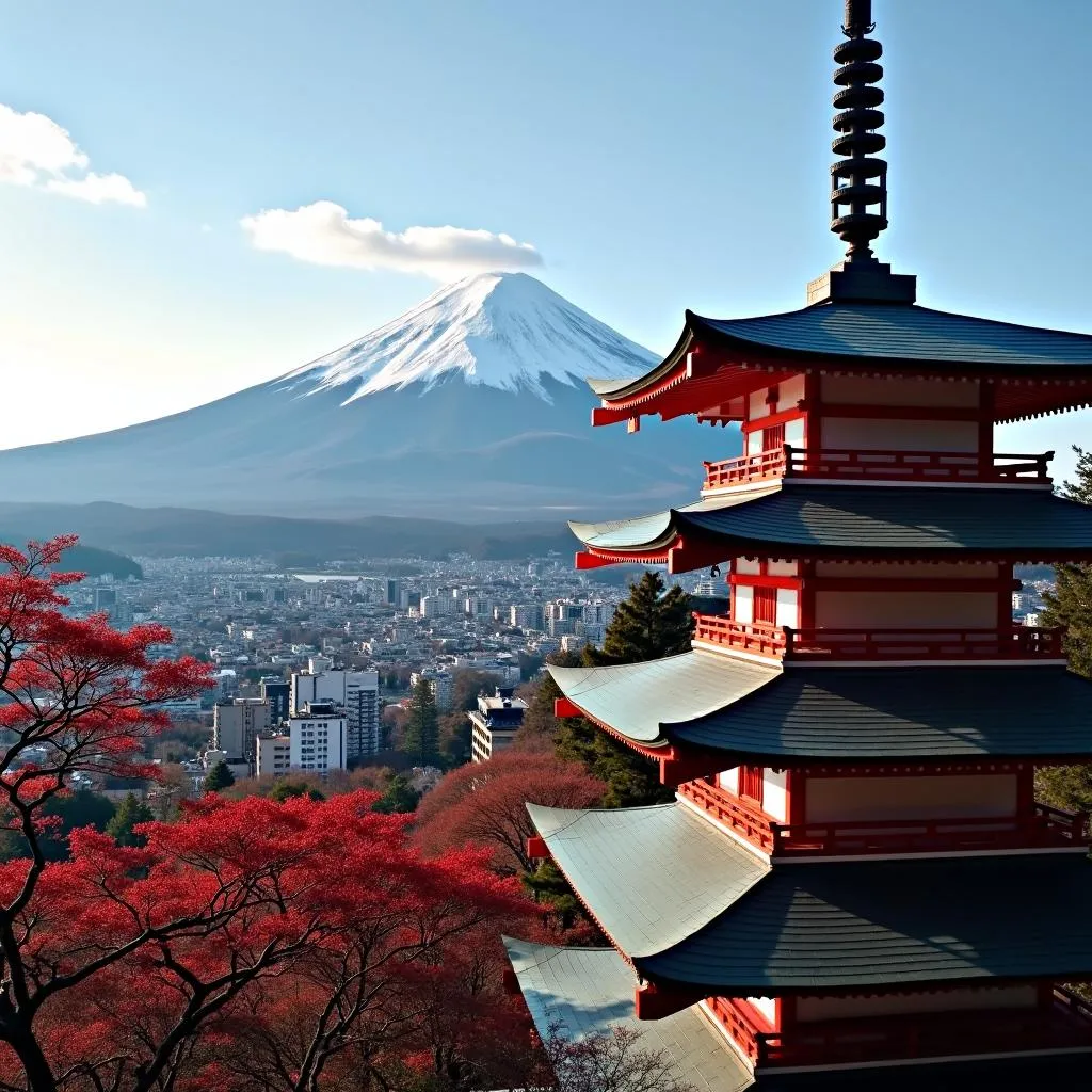 Mount Fuji and Japanese Temple