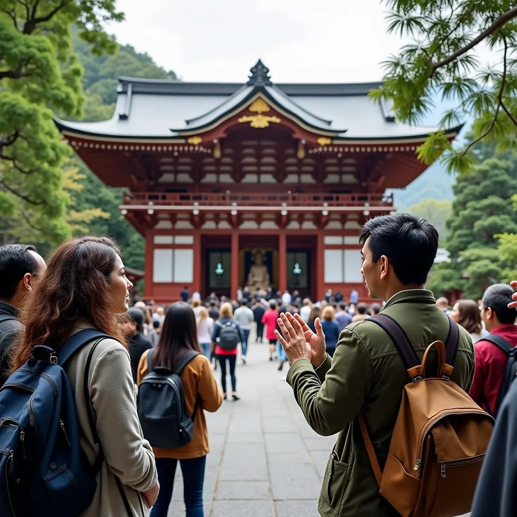 Tour guide explaining temple architecture to tourists