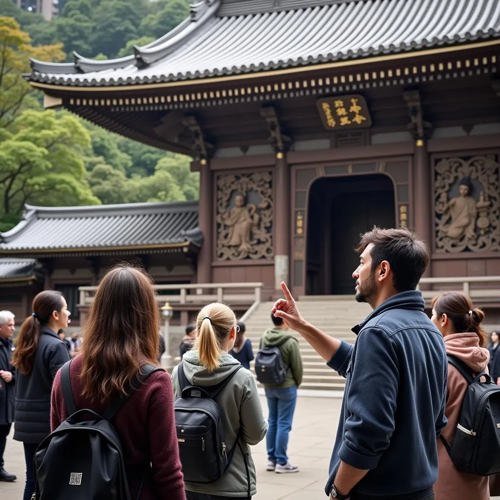 A knowledgeable tour guide shares insights into Japanese history and culture with a group of eager tourists