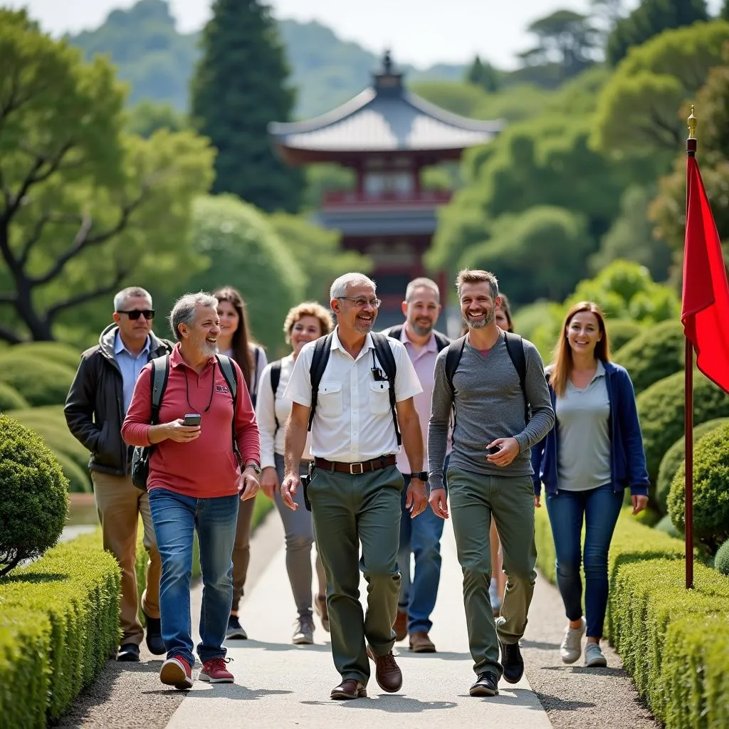 Tour guide leading a group through a Japanese garden