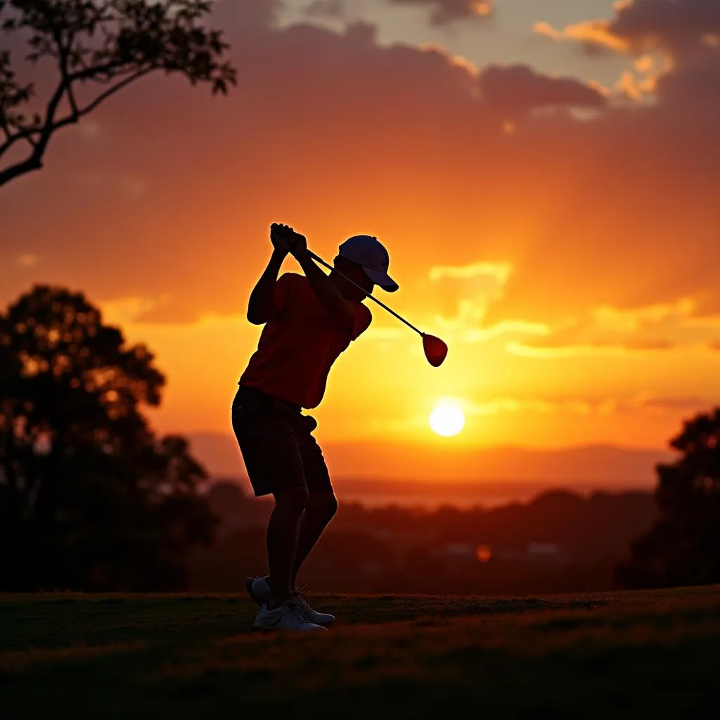 Junior golfer perfecting his swing against a Japanese sunset