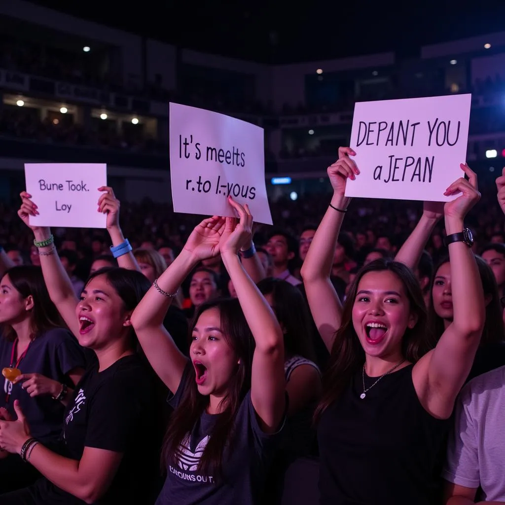 Japanese fans holding up signs and cheering at Justin Bieber's concert