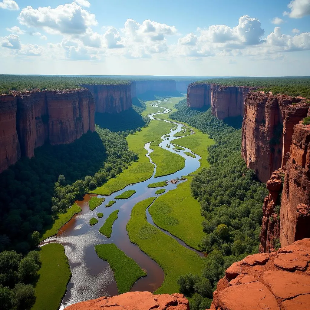 Panoramic view of Kakadu National Park's rugged escarpments, lush wetlands, and winding rivers.