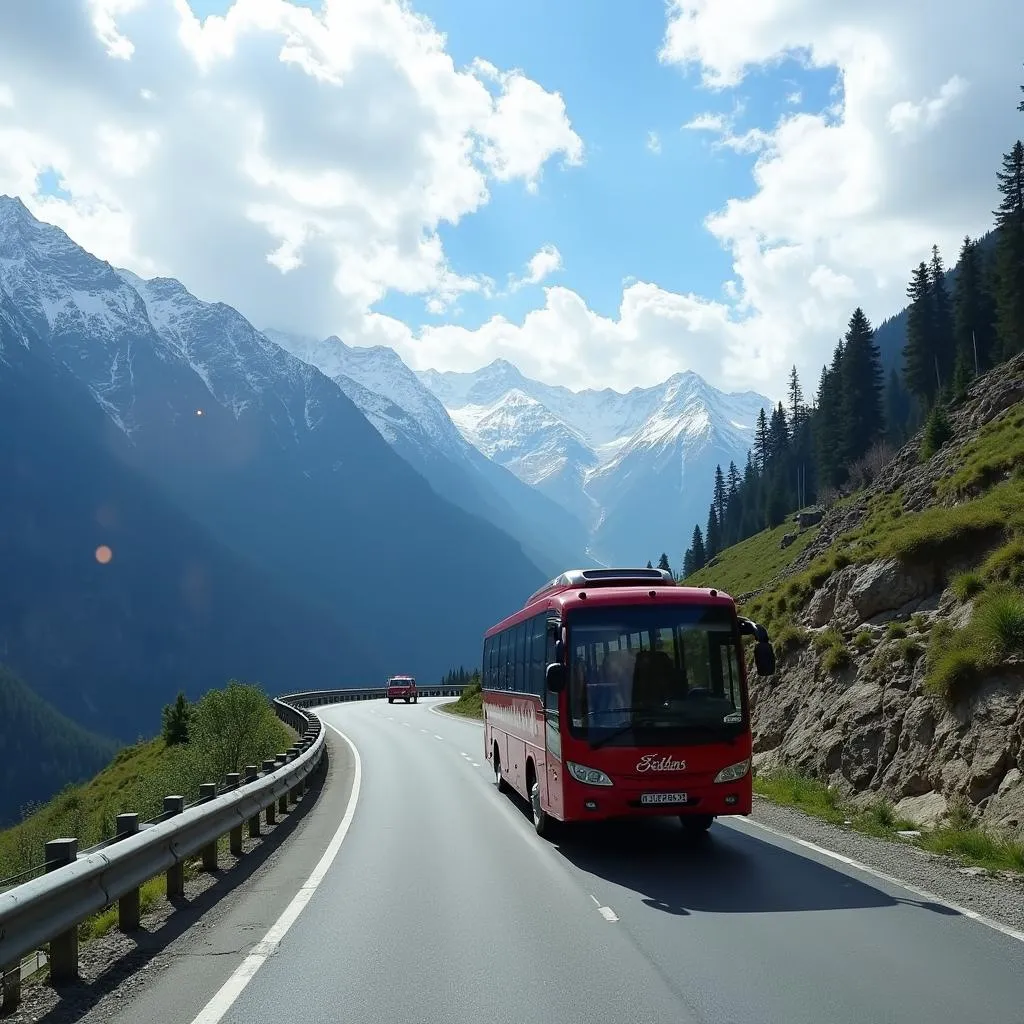 Kashmir tour cab traversing a scenic mountain road