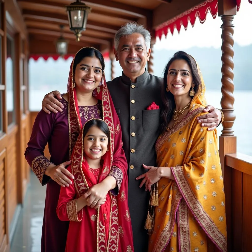 Kashmiri family in traditional attire on a houseboat