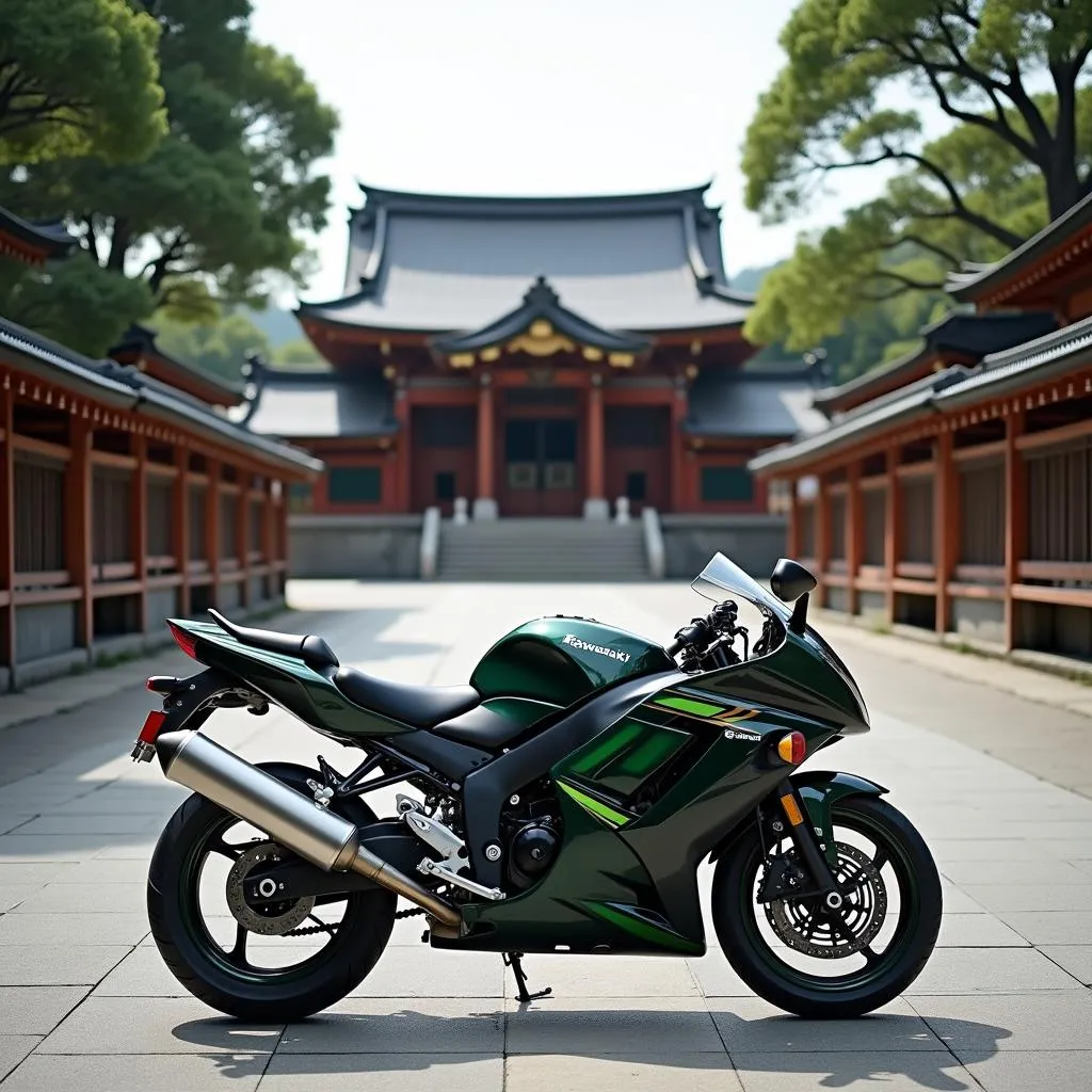 2001 Kawasaki Ninja EX500 parked respectfully near a serene Japanese Temple