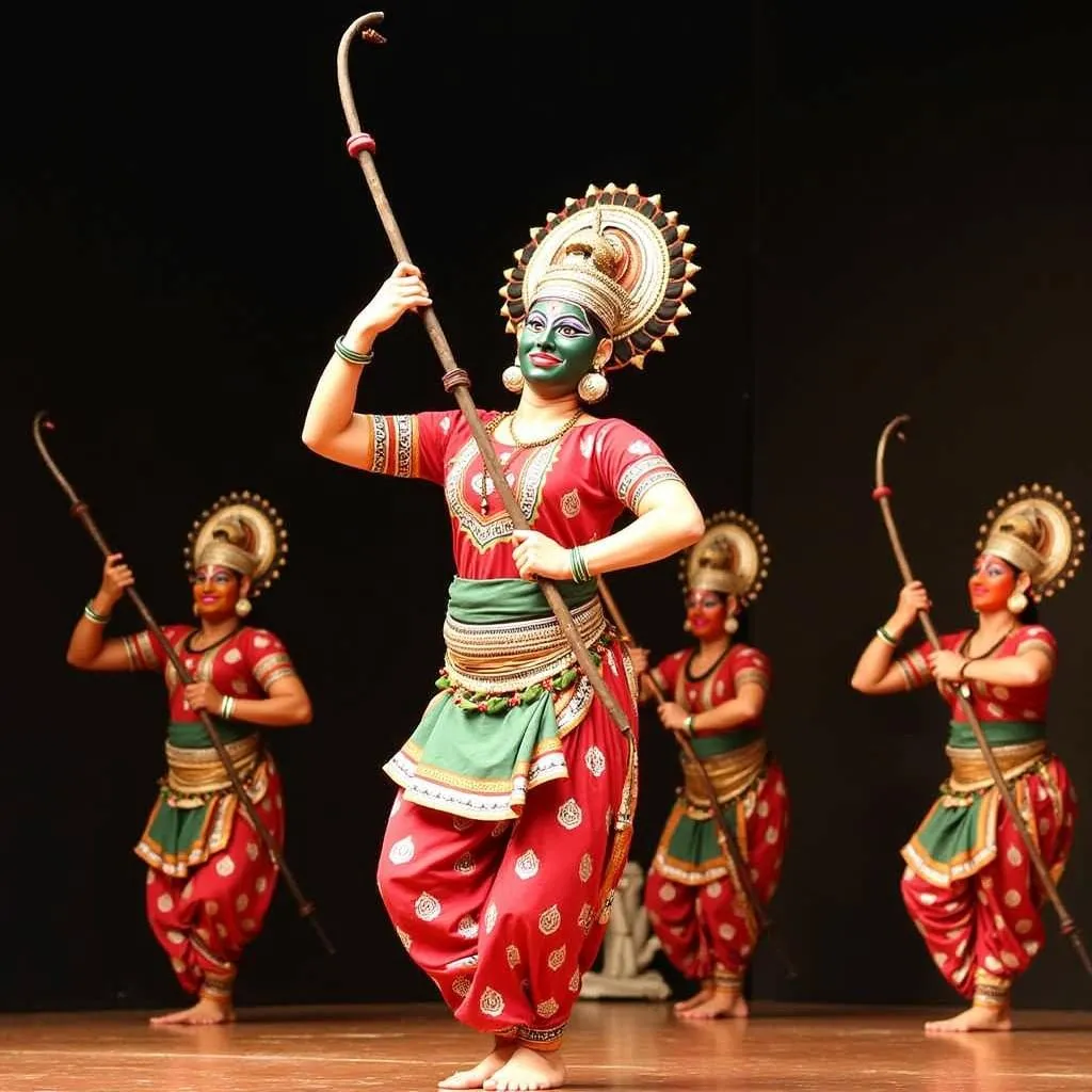 Vibrant costumes and expressive makeup of Kathakali dancers in Kerala, India