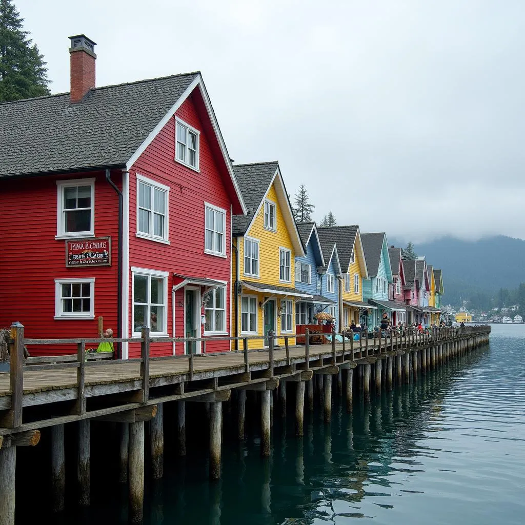 Colorful houses lining a waterfront street in Ketchikan, Alaska