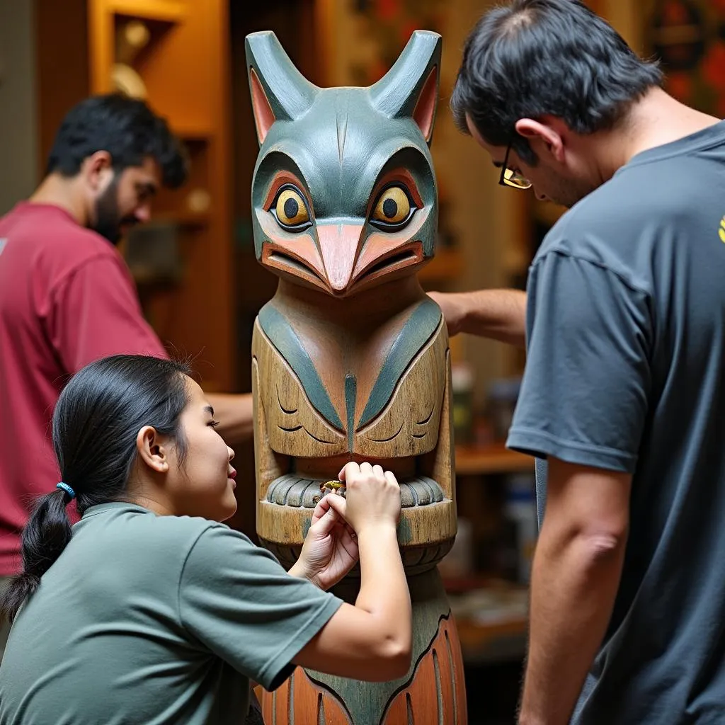 A Tlingit artist intricately carves a totem pole in Ketchikan