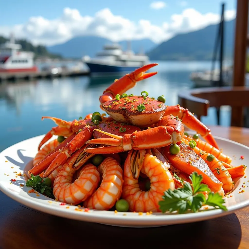 A table with a delicious seafood platter overlooking the Ketchikan waterfront