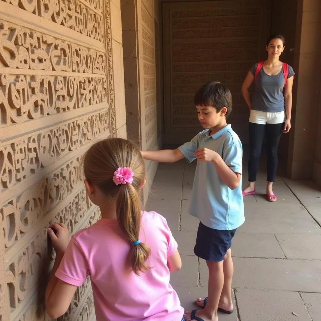 Kids learning about Konark Sun Temple architecture with a guide