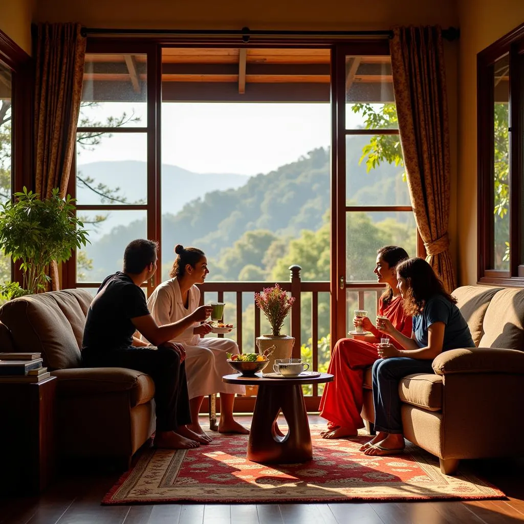 Family enjoying tea time at a homestay in Kodaikanal