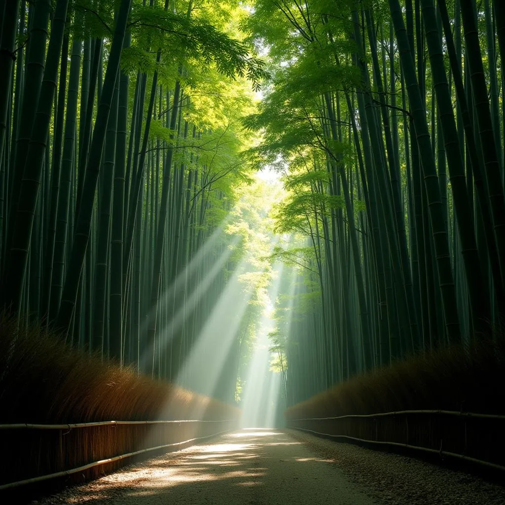 Sunbeams Illuminating the Arashiyama Bamboo Grove in Kyoto