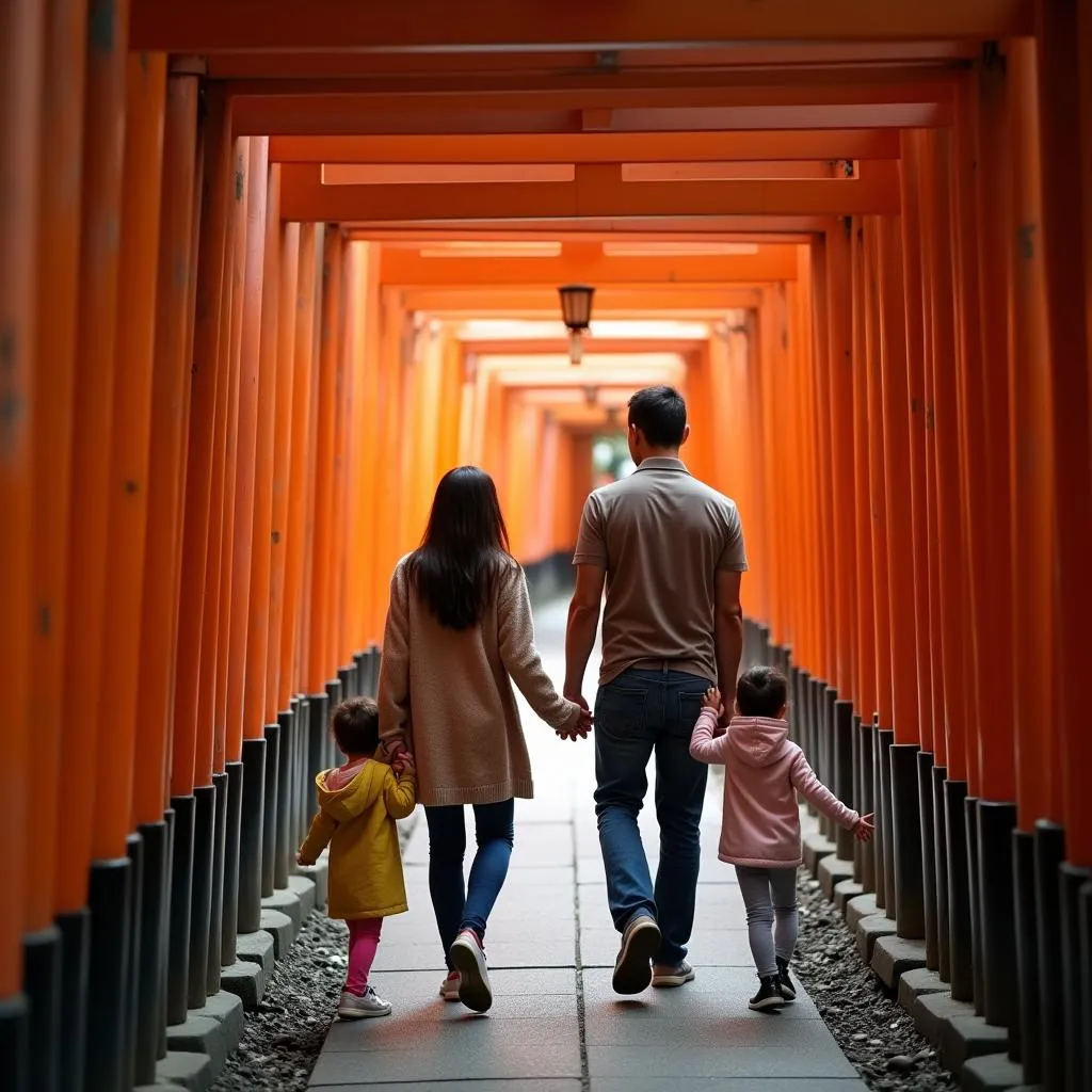 Family exploring Fushimi Inari Shrine in Kyoto