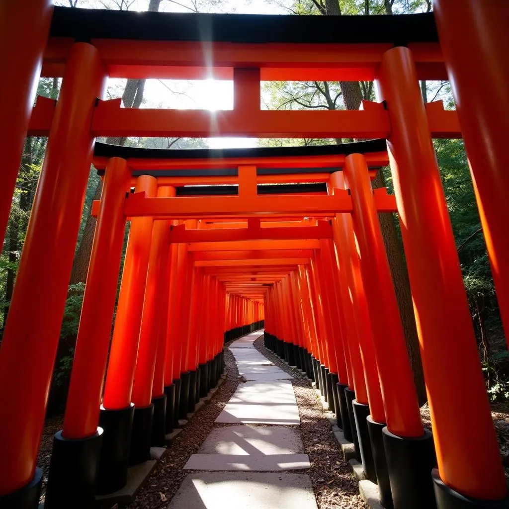 A picturesque view of the iconic red torii gates at Fushimi Inari Shrine in Kyoto, Japan.