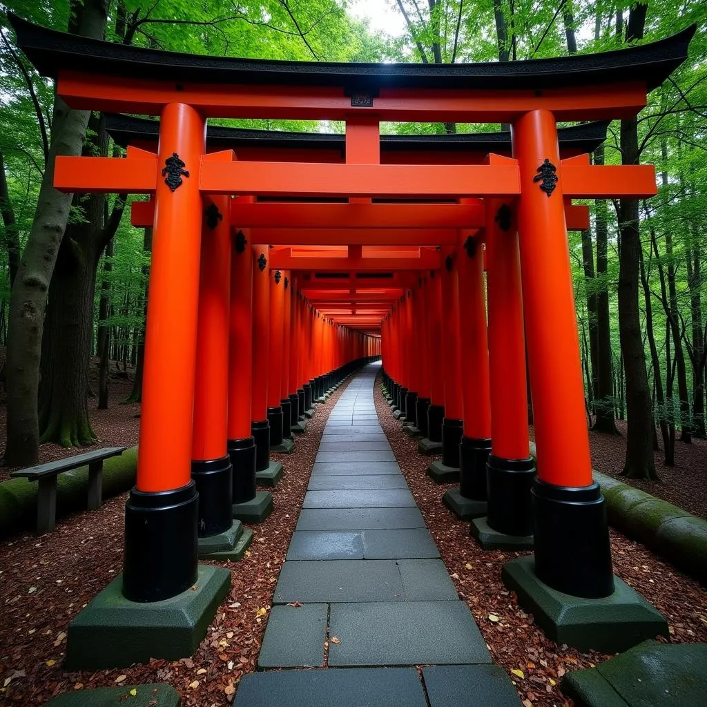 Pathways Lined with Red Torii Gates at Fushimi Inari Shrine in Kyoto