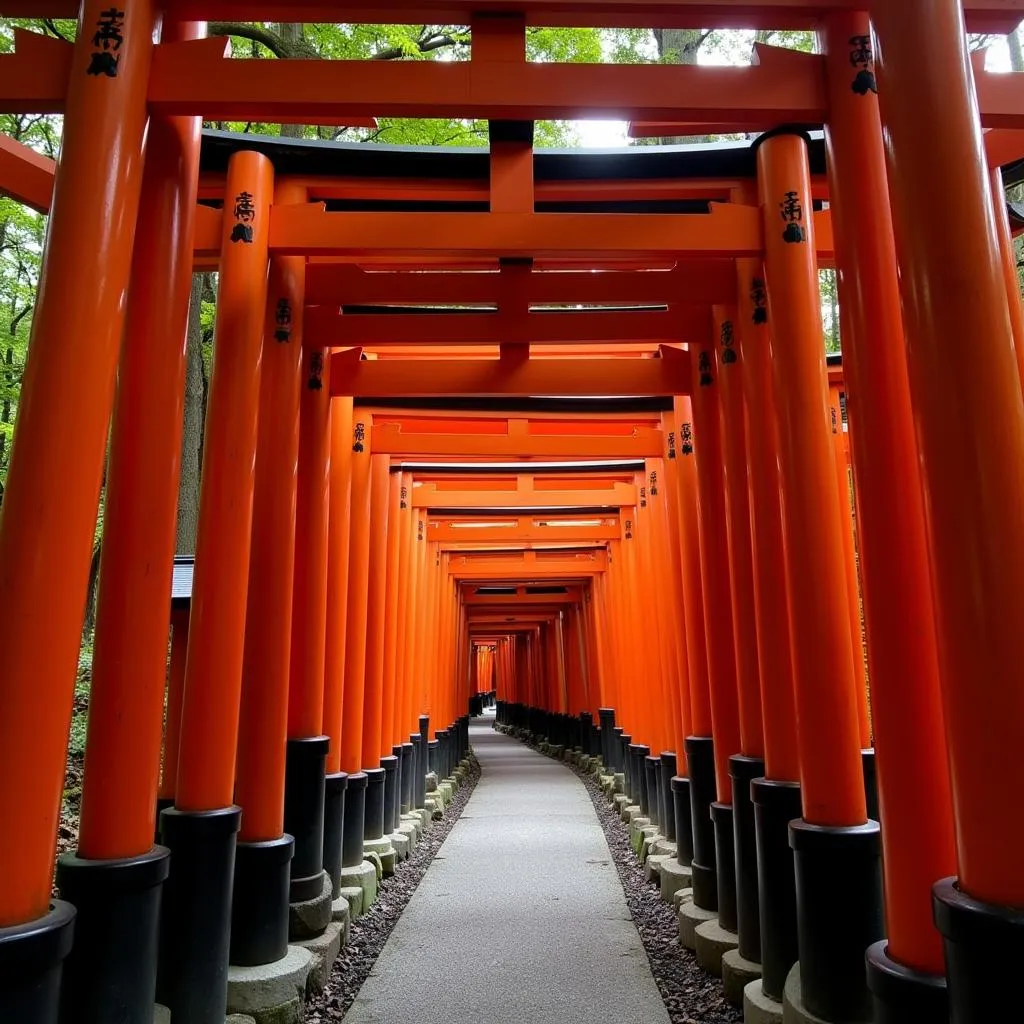 Thousands of vibrant red torii gates winding through a lush forest at Fushimi Inari Shrine in Kyoto, Japan.