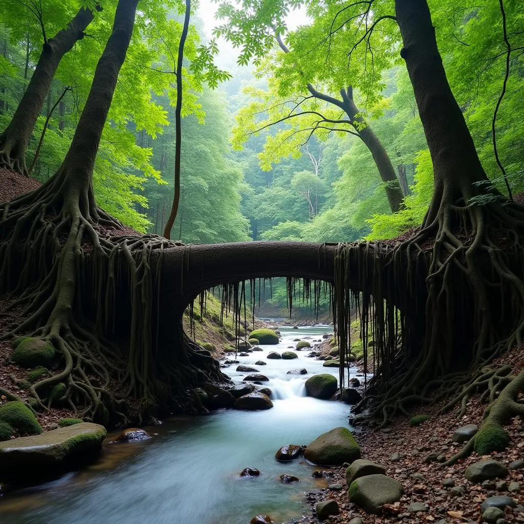 Ancient living root bridge in the lush forests of Meghalaya, India