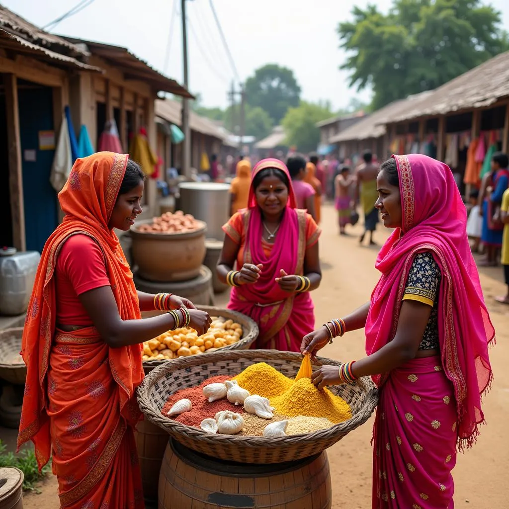 Local women in colorful saris at a village market