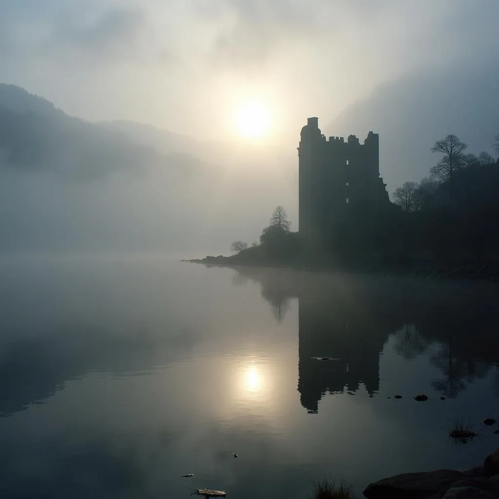 Misty morning at Loch Ness with Urquhart Castle ruins