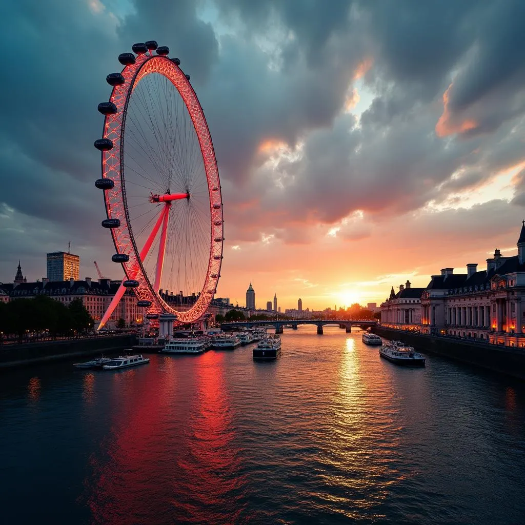 London Eye panoramic view over River Thames at sunset