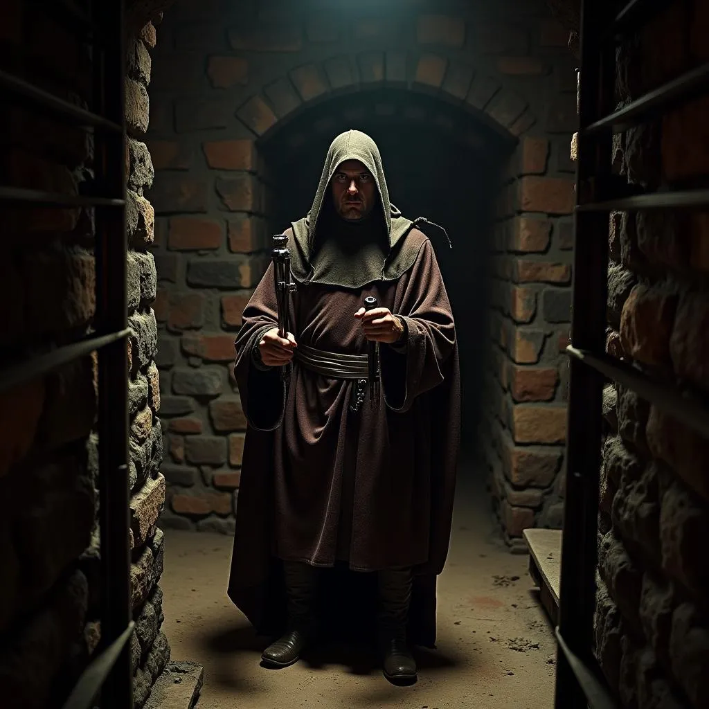 A costumed actor portraying a medieval torturer inside the London Tower Dungeon.