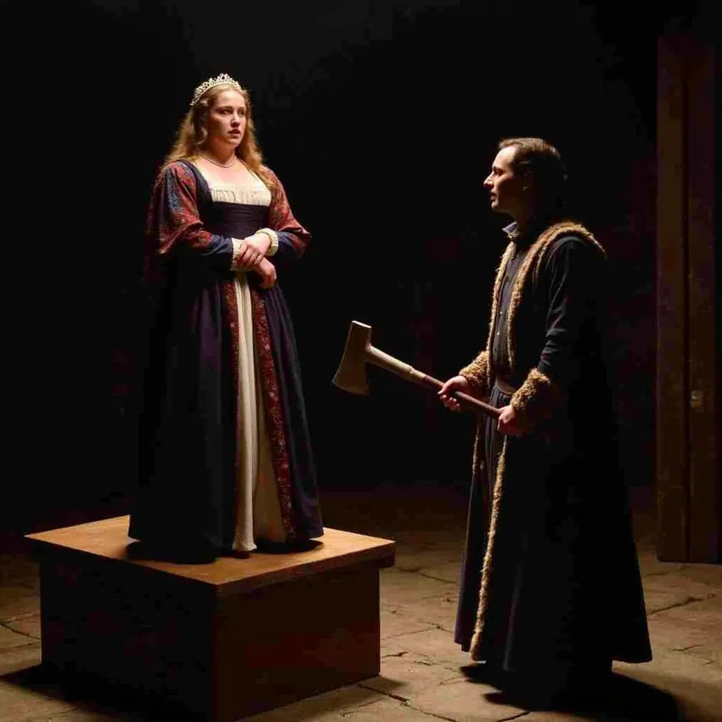 Anne Boleyn, portrayed by an actor, stands on the executioner's block in the London Tower Dungeon.