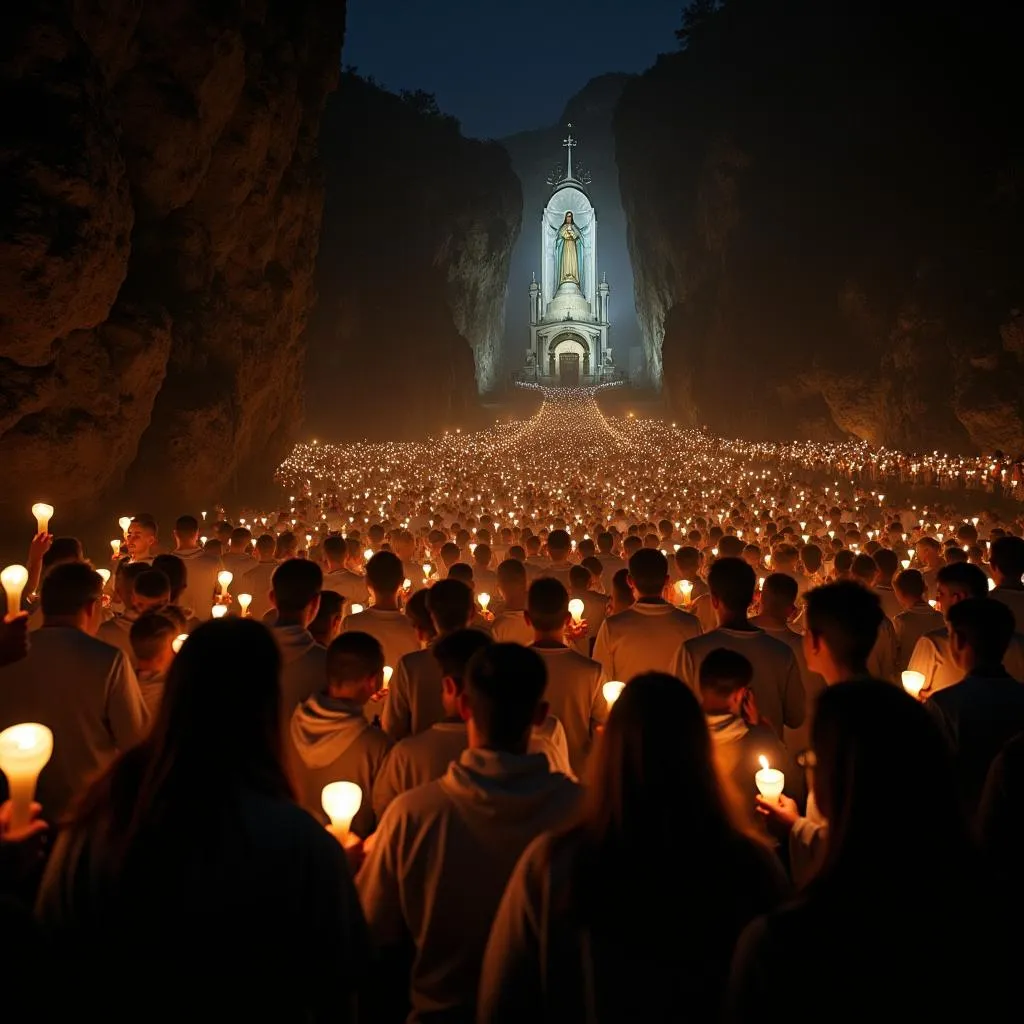 Pilgrims gather at the Grotto of Massabielle in Lourdes at night, their candles illuminating the sacred space.