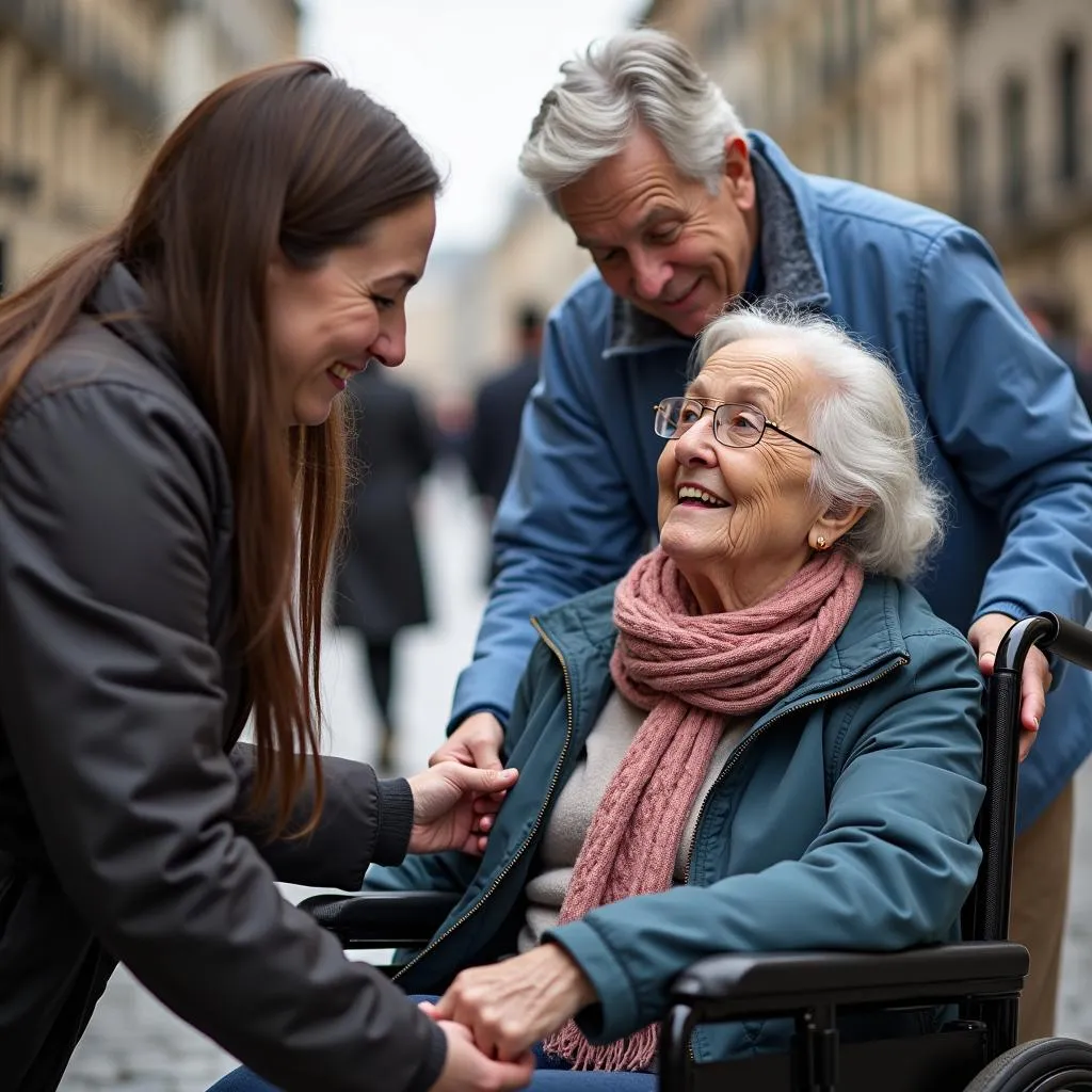 A volunteer assists an elderly woman in a wheelchair, embodying the spirit of compassion and service that defines the Lourdes pilgrimage experience.