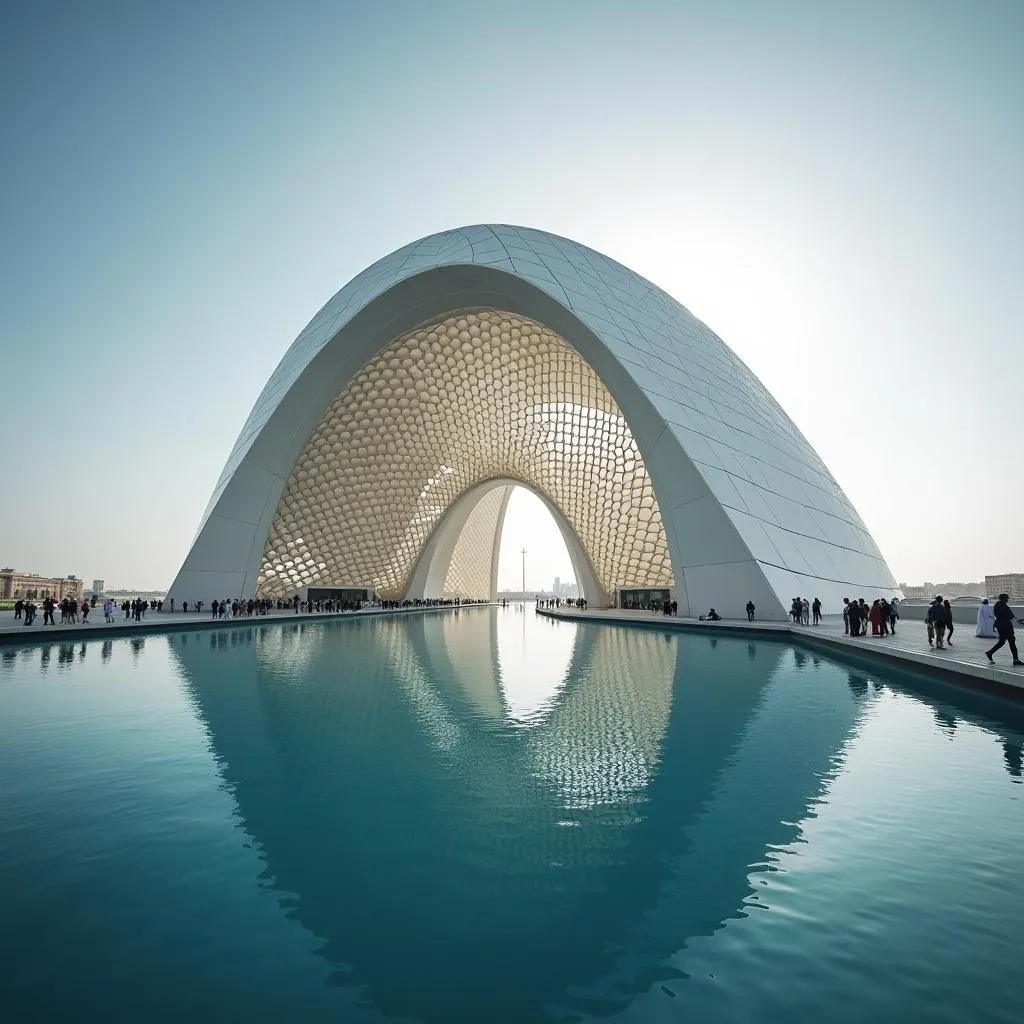 Louvre Abu Dhabi museum with its iconic dome and reflecting pools, a masterpiece of modern architecture