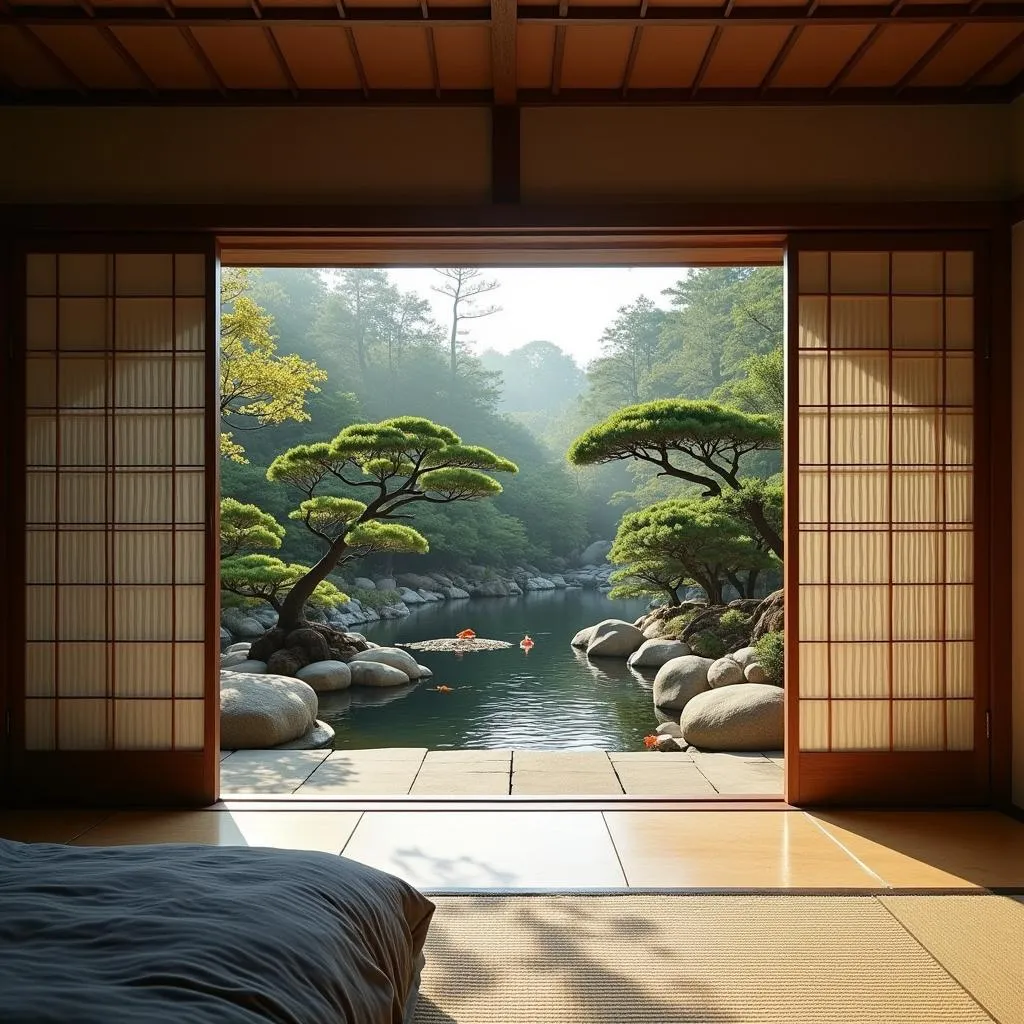 Luxurious traditional Japanese ryokan with serene garden