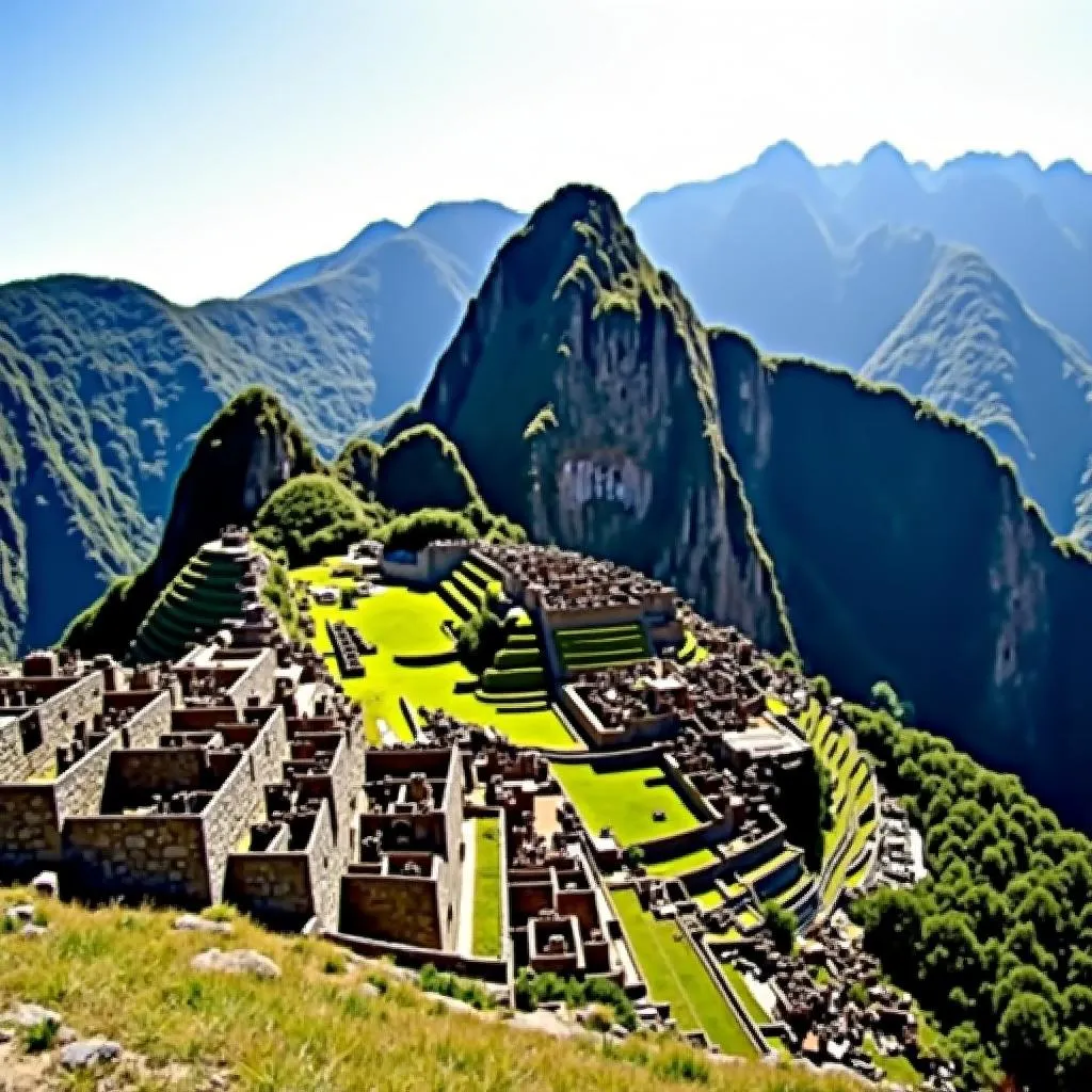 Panoramic view of Machu Picchu with lush green mountains in the background