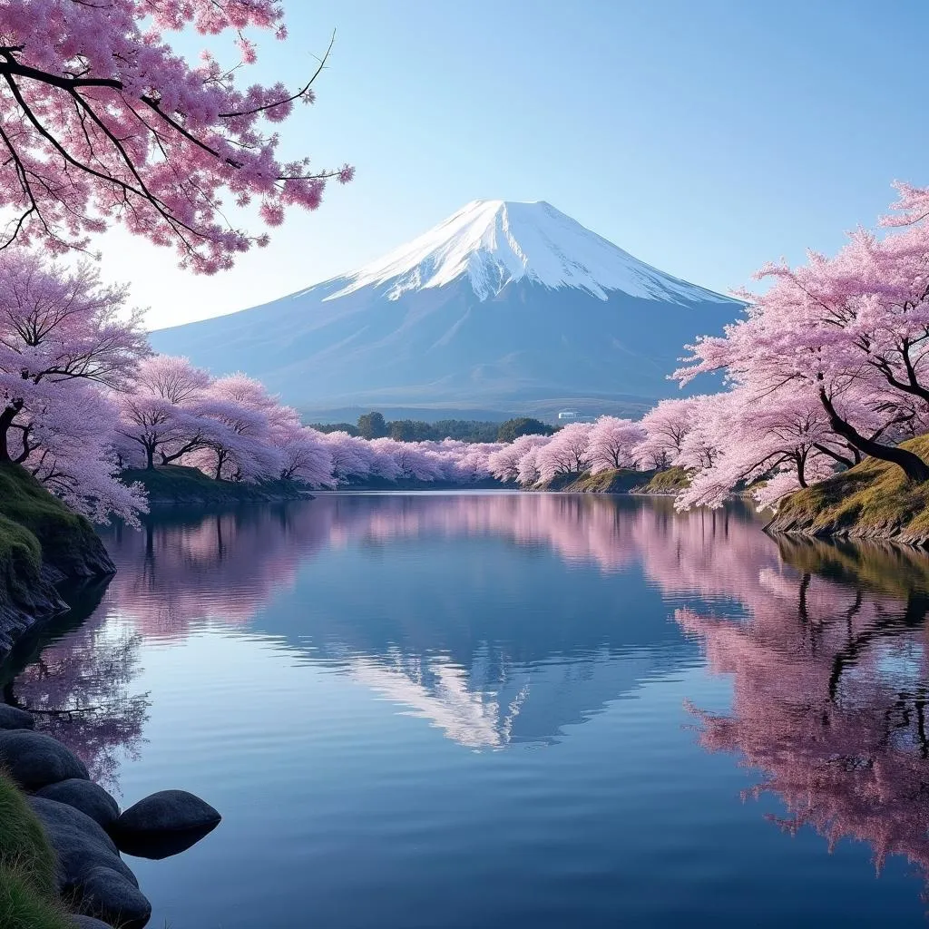 Majestic Mount Fuji Reflected in Lake with Cherry Blossoms