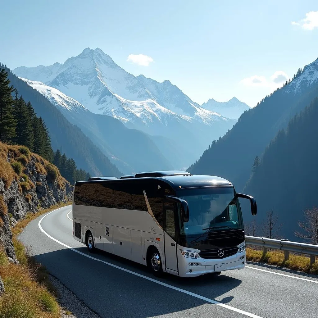 Mercedes Tour Bus on a Mountain Road in Japan