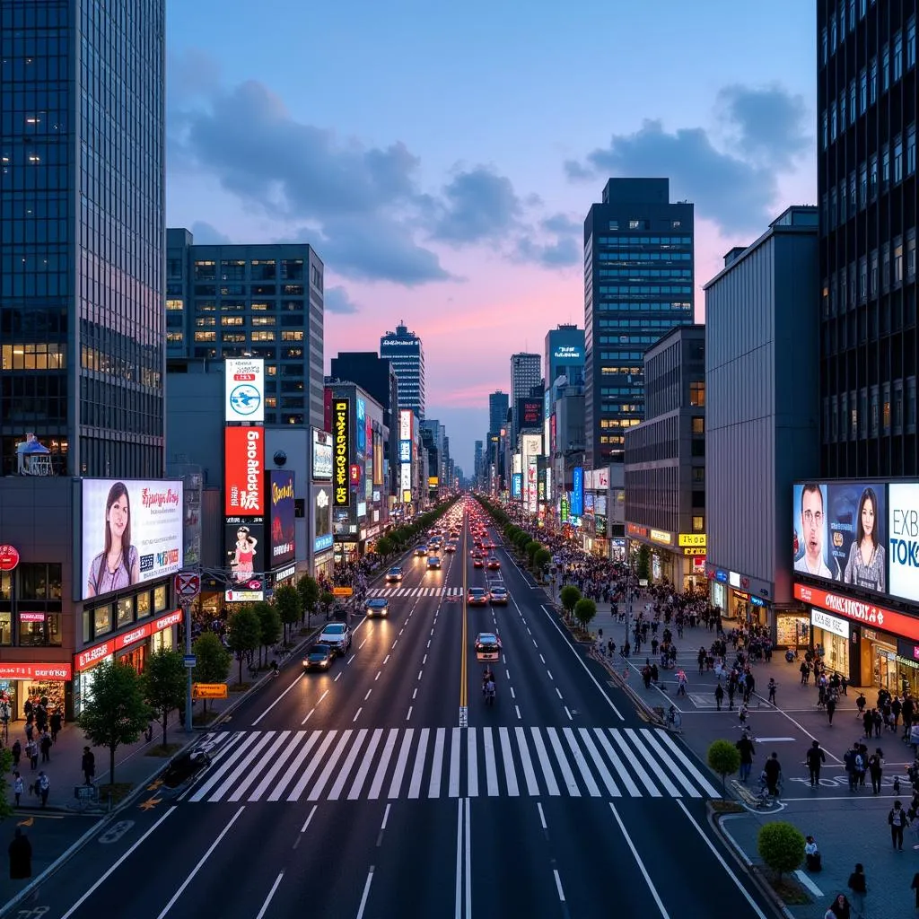 Modern Tokyo skyline with Shibuya Crossing at twilight