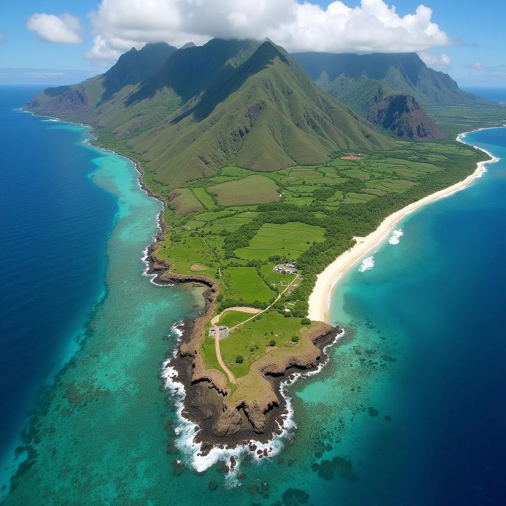 Molokai's pristine north shore with vibrant coral reefs from a helicopter