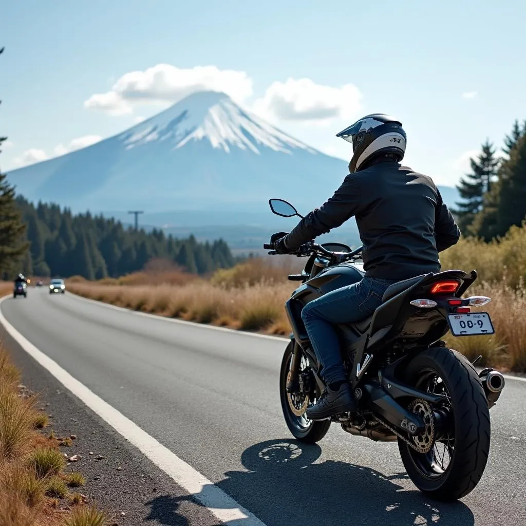 Motorcyclist stopping to admire the view of Mt. Fuji