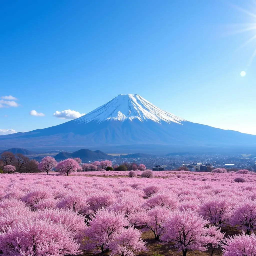 Mount Fuji towering over a field of blooming cherry blossom trees in Japan