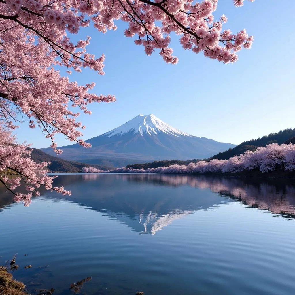 Mount Fuji Cherry Blossoms Lake Reflection