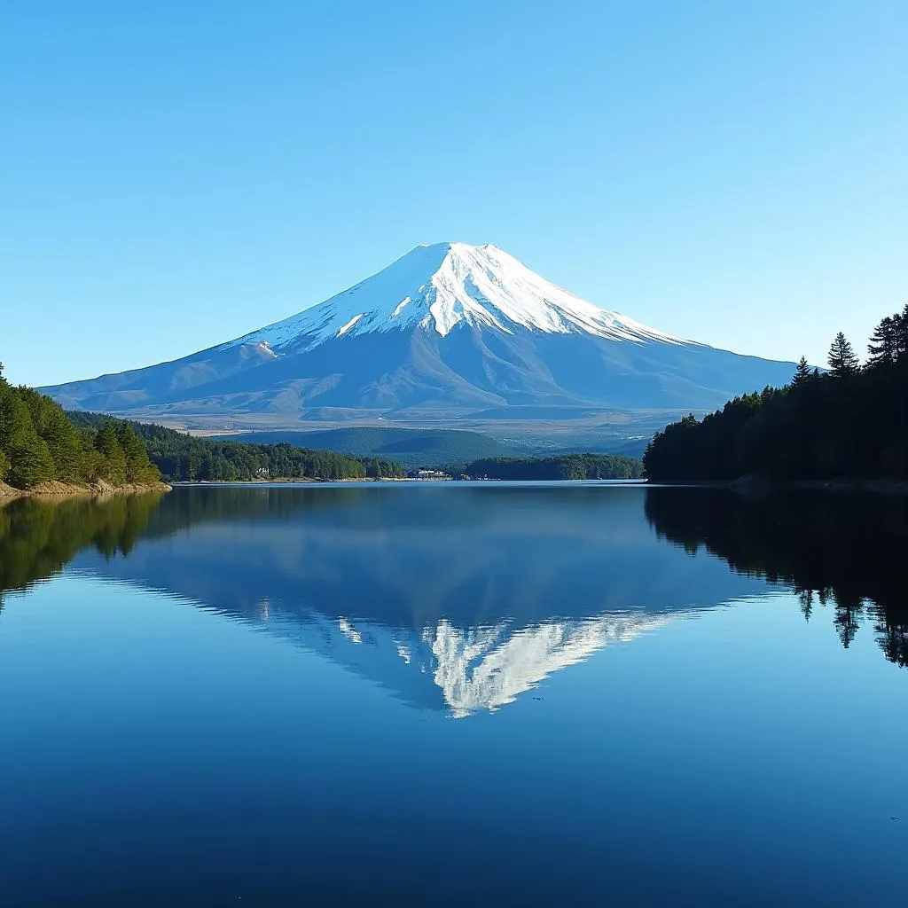 Mount Fuji reflecting in a lake