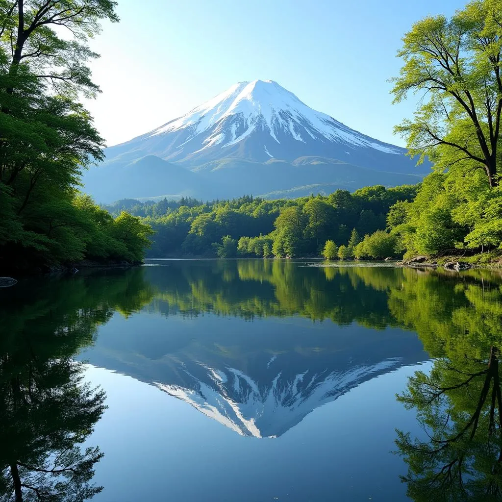 Mount Fuji reflected perfectly in the still waters of a serene lake, surrounded by lush greenery.